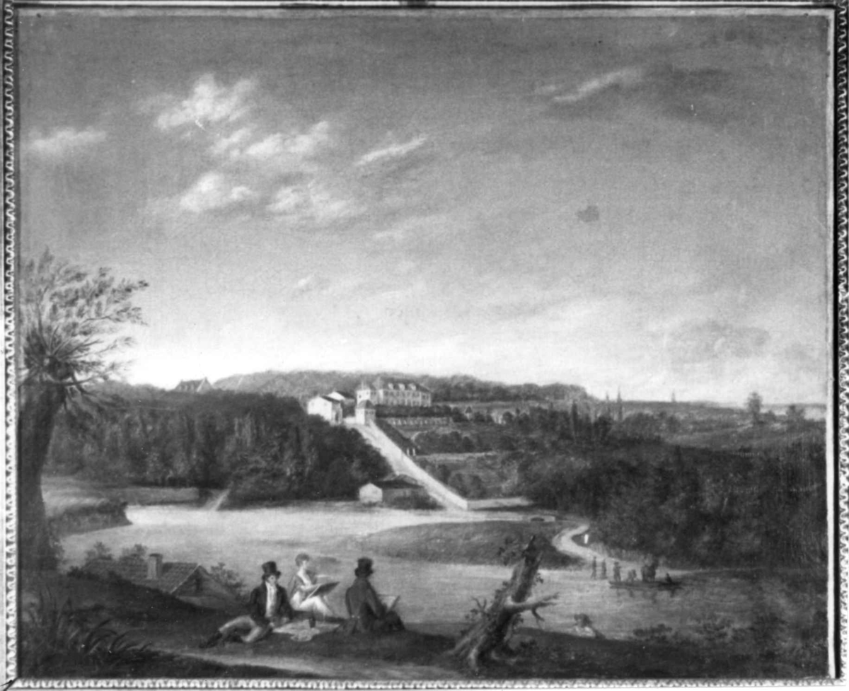 Flateby gård, Enebakk, Akershus. Avfotografert maleri ca. 1800, av Jacob Munch. Mennesker i landskap med gården i bakgrunnen.