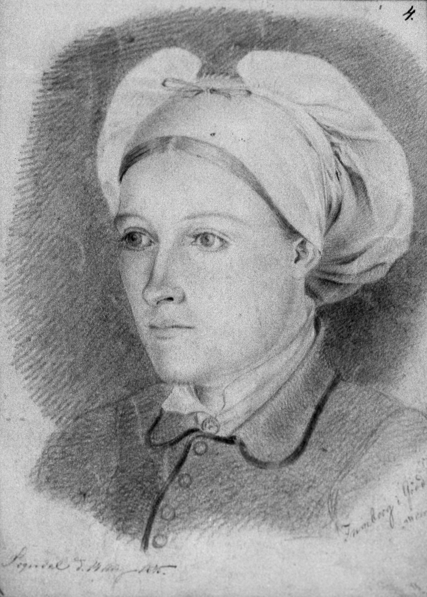 Gift kvinne med hvit konehue og skjorte fra Sogndal. Avfotografert blyanttegning av Hjalmar Kjerulf. "Ingeborg i Grød - 24 Aar". Signert "Sogndal d. 14. Aug. 1845".