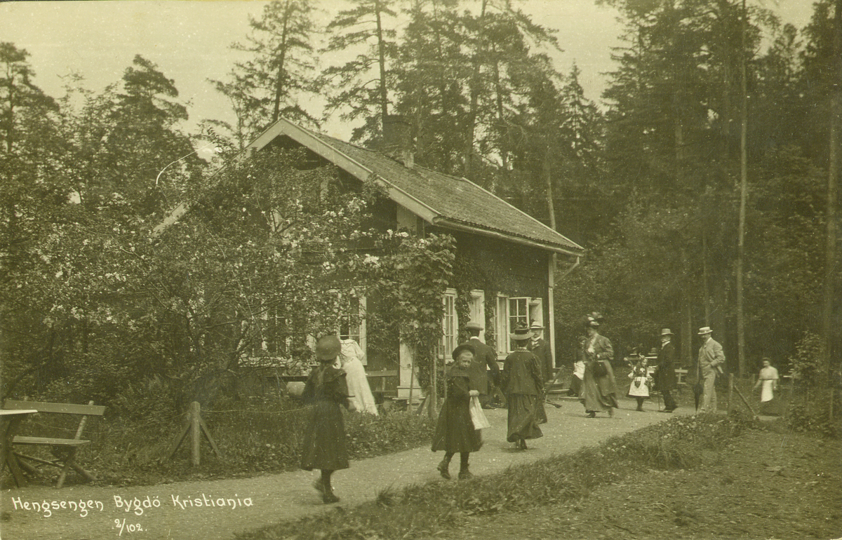 Postkort, Hengsåsen kafe, Bygdø Kongsgård.
Stemplet 12.10.1908