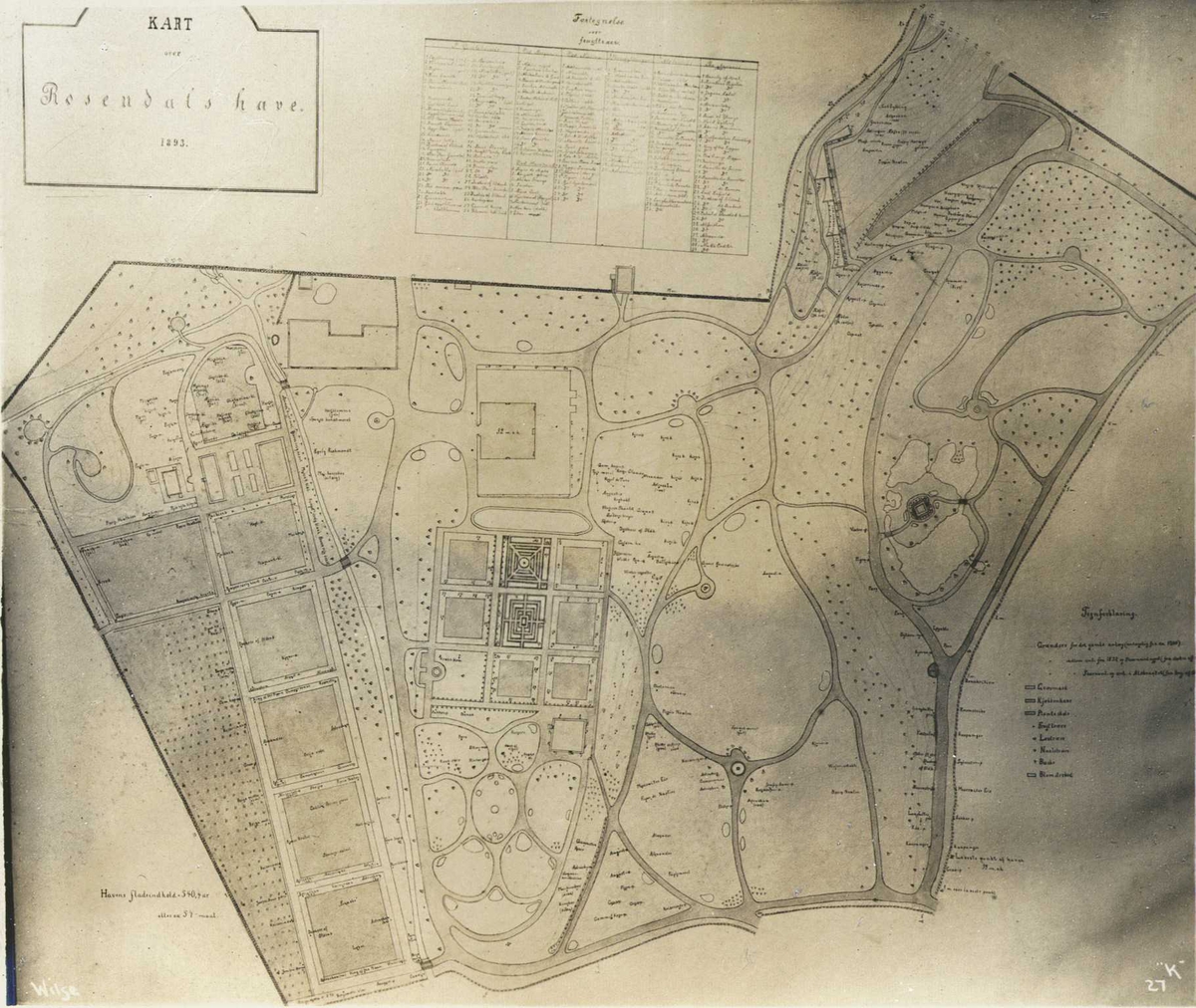 Kart over Rosendals hage i 1893, Baroniet Rosendal, Kvinnherad, Hordaland.  Fotografert 1912.
