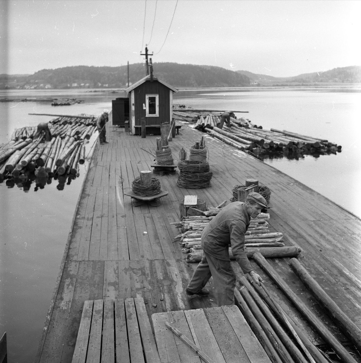 Tømmerfløting ved Fredrikstad, Østfold, 10.10.19659. Menn i arbeider med tømmer ved lenseanlegg.
