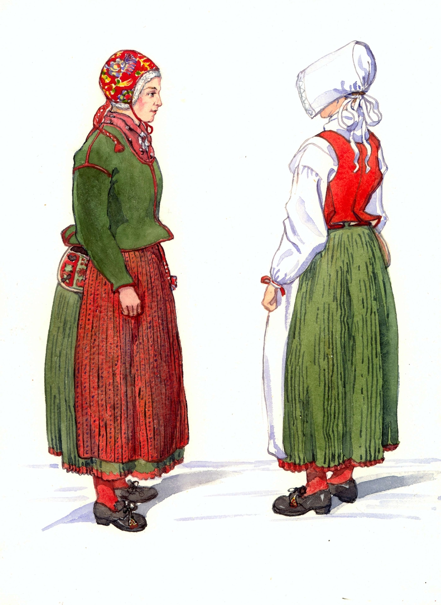Högtidsdräkter för gift och ogift kvinna, Ore socken, Dalarna. Akvarell av
Emelie von Walterstorff.