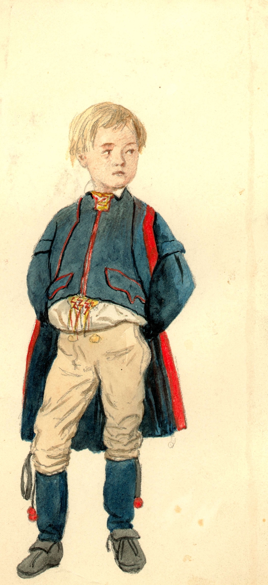 Folkdräkt; barn, pojke. Rättviks socken, Dalarna. Akvarell av A.J.G. Virgin. Inv nr 45595b.
