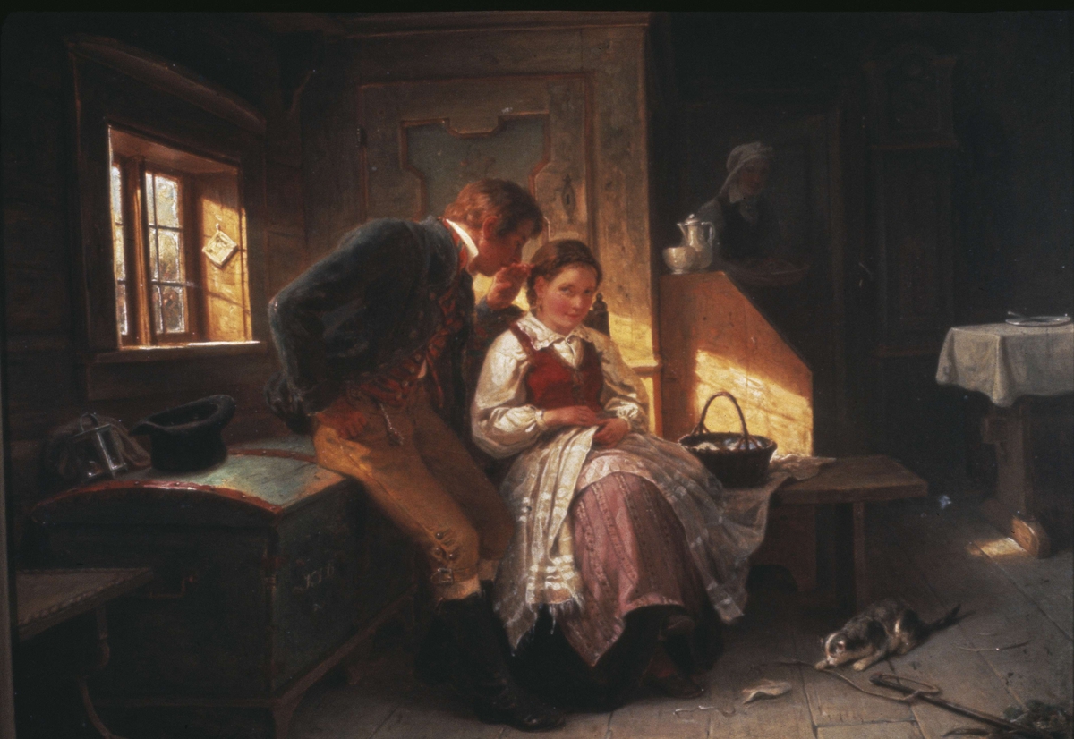 "En hemlighet" / "Frieriet". Oljemålning av Bengt Nordenberg, 1864.