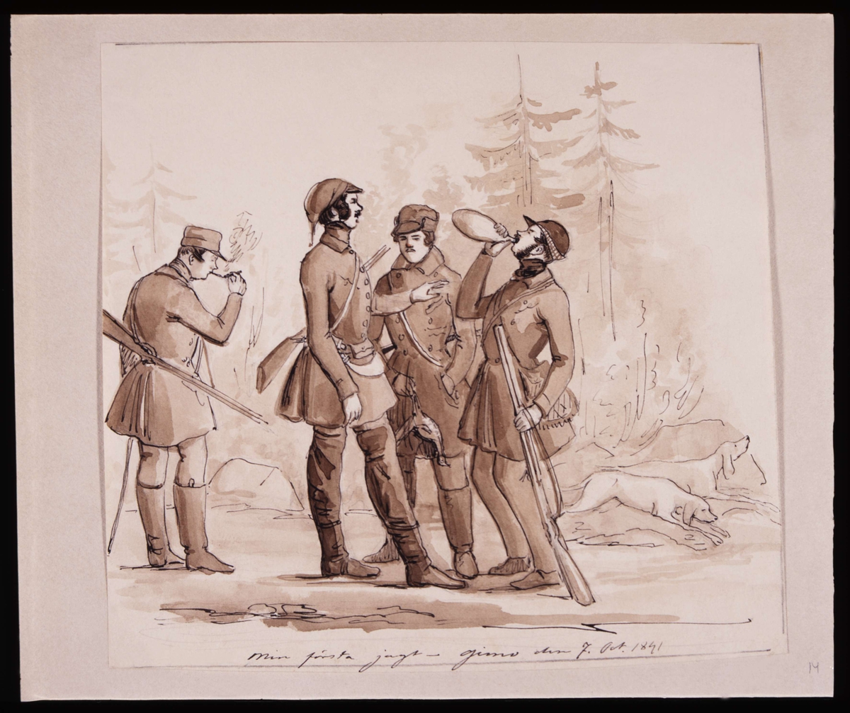 "Min första jagt". Gimo 7 oktober 1841. Tuschlavering av Fritz von Dardel.