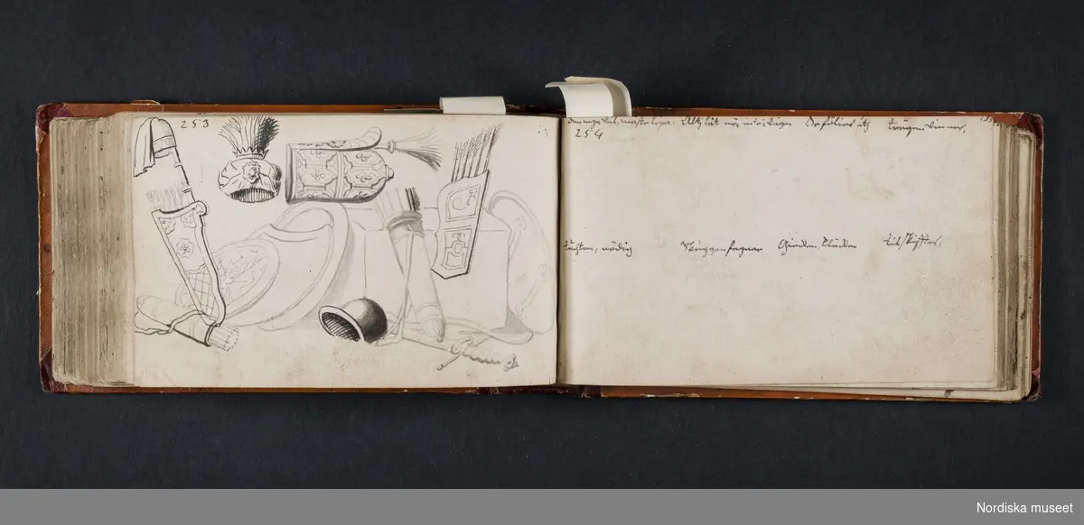 "Röda boken". Liten bok med initialerna H B på framsidan och årtalet 1728 på baksidan. Boken innehåller skisser av myter, människor, djur, byggnader och växter. Enligt medföljande utdrag ur brev från Knut Almström till direktör Fredrik Wehtje 1952 så har boken tillhört Petter Gustaf Löfström och därefter en man med efternamnet Bundred som var gravör vid Rörstrand.