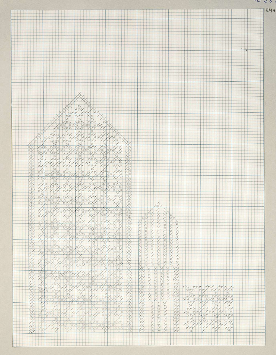 Två stycken stickmönster till vante. Båda mönstrena är uppritade med blyerts på rutpapper och det ena mönstret är sedan uppklistrat på kartong. Mönstrena är märkta B.2538.