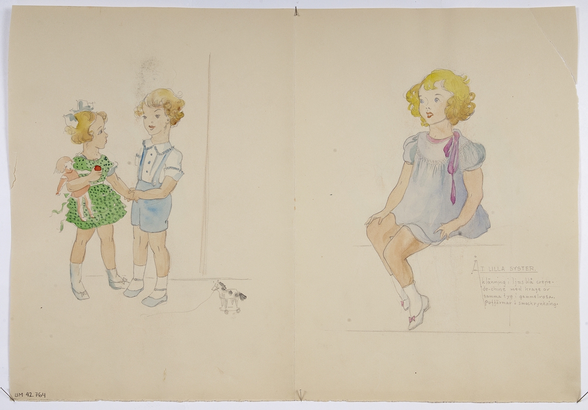 Två kvinnor samt pojkar och flickor i olika kreationer, 1930-tal