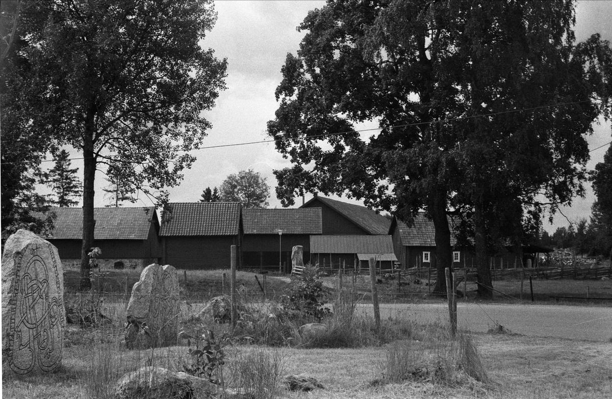 Vy mot Ärentuna prästgård, Ärentuna socken, Uppland 1976, med runstenar i förgrunden