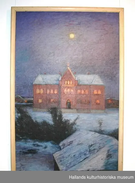 Oljemålning av Karl Nordström 1894. Titel: "Varbergs skolhus". Motiv: Varbergs läroverk, nuvarande kommunhuset i Varberg. Bildmått: höjd 112 cm, 72 cm.