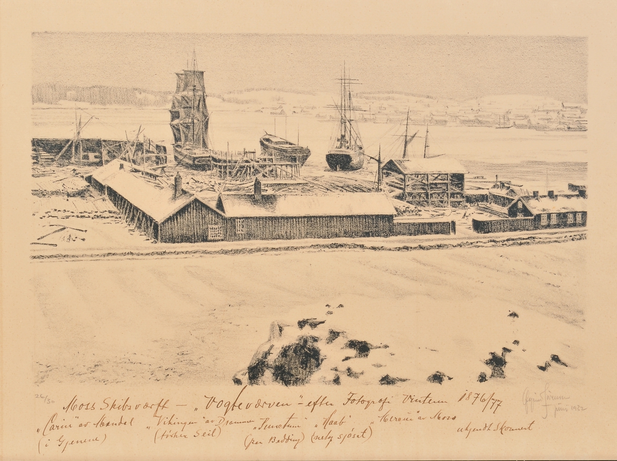 Vogt & Holsts skipsverft i Moss, Vogteverven, etter forografi vinteren 1876-77. Fra høyre: 'Carin' av Mandal, 'Vikingen' av Drammen (tørker seil), 'Punctum' (på beddingen), 'Haab' (nettopp sjøsatt), 'Mercur' av Moss, og ukjent skonnert