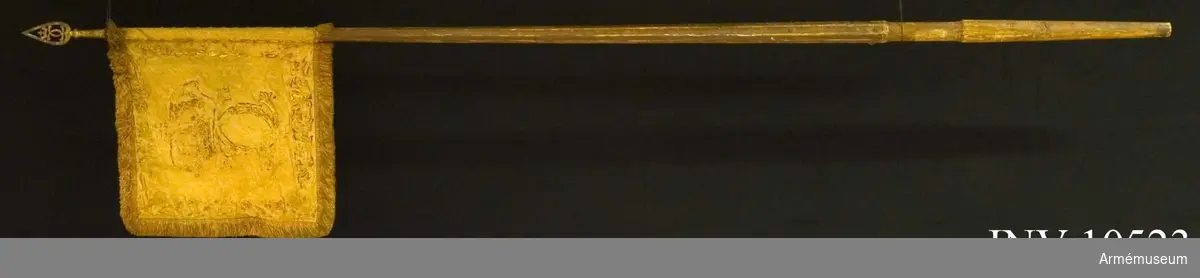 Tillverkad av Baltzar Friedrich år 1678. Duk av röd, stormönstrad dubbel sidendamast, fodrad med groft lärft. Längs kanterna bård av stiliserat bladverk, kronor och  korsade palmkvistar i rödskuggat guld. Å inre sidan en gyllene, rödskuggad grip - Östergötlands sköldemärke - dock utan de därtill hörande silverrosorna. På yttre sidan Carl XI:s  namnchiffer, ett dubbelt C under sluten kunglig krona, prydd med pärlor i silver och stenar i rött och grönt, bården liknande sidans, allt i rödskuggat guld. Kant av 50 mm bredd, frans av rött silke och guld. Duken fäst vid stången med tre rader förgyllda mässingsspikar.Stång av furu, målad rödbrun ovan greppet, fyrrefflad, förstärkt med tre järnskenor, löpande bärring; stången nedtill avsågad, färgen bortnött. Spets av järn, förgylld. Holk, upptill kulformigt utvidgad i ett stycke med 130 mm högt blad, prytt med dubbelt C under krona, allt i genombrutet arbete.