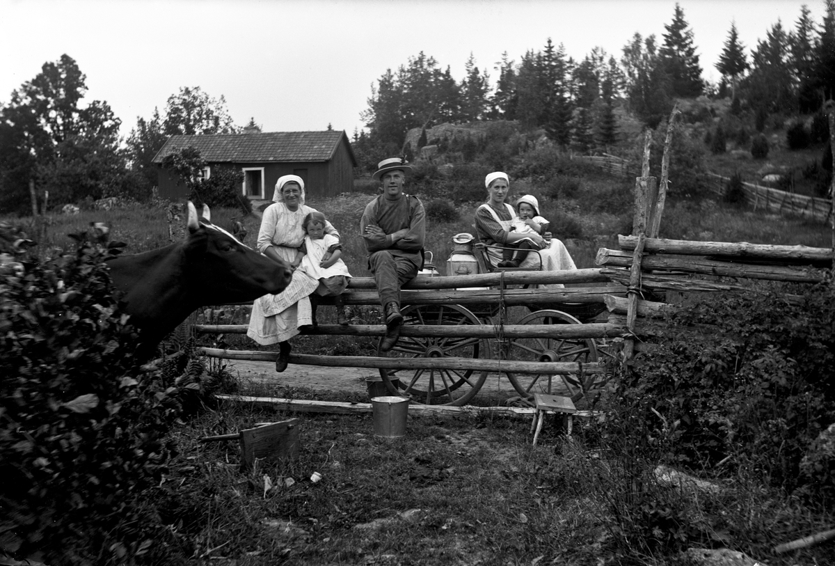 En familj sitter på gärdesgården och på en vagn med mjölkkannor sitter en kvinna med ett barn i knät. På marken står en hink och ett par träpallar. En nyfiken ko sticker fram huvudet bakom en buske.