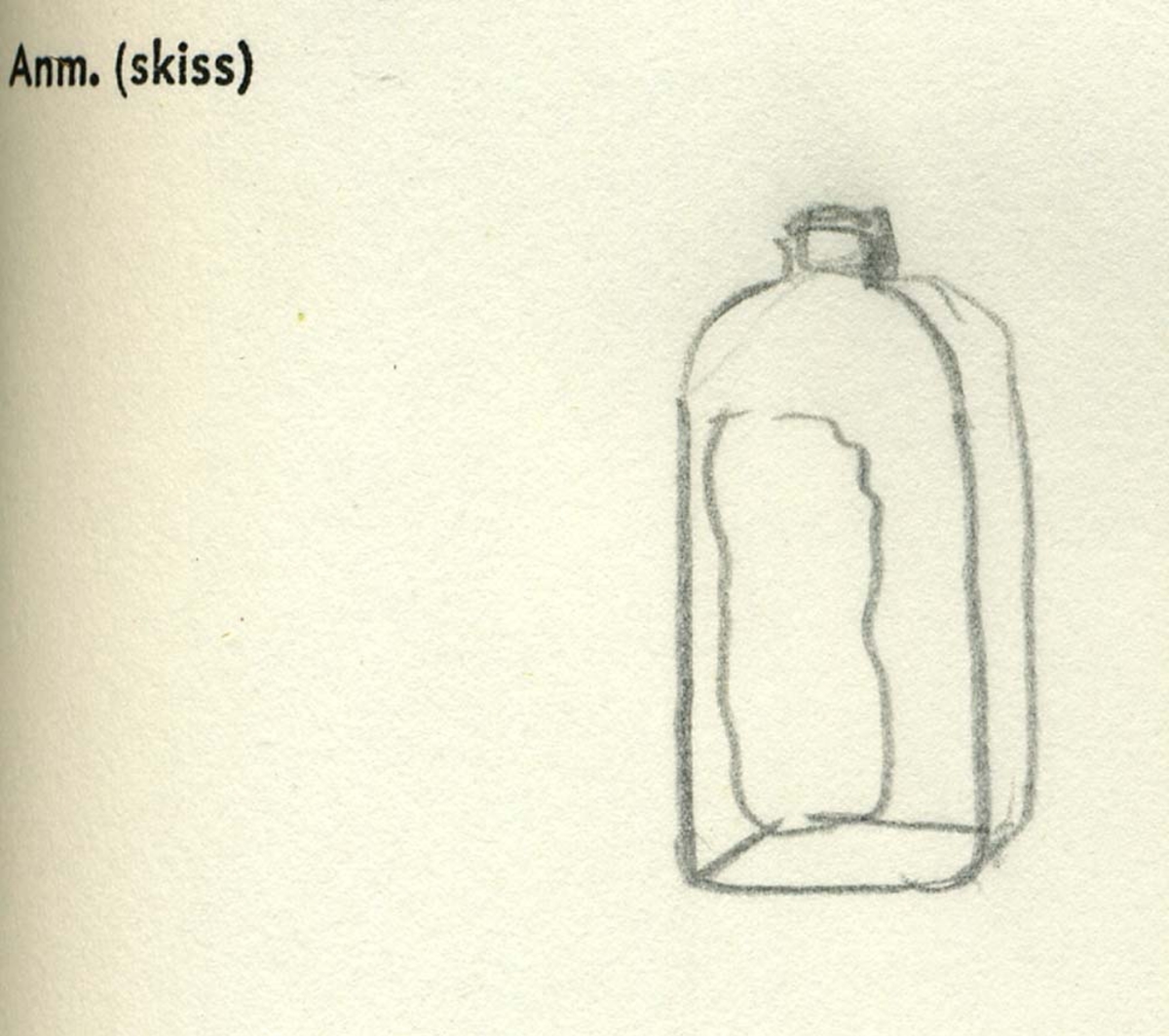 En glasflaska.
Flaskan är fyrsidig med stucken botten. Flaskhalsen är vriden och sitter fästad vid en fragmentarisk tennkork. Tennkorken är gängad på insidan. Runt korkens yttersida löper en ristad linje. På undersidan av bottnen finns ett puntelmärke. Glaset är grönfärgat och har en iriserande beläggning. Ena sidan samt en del av bottnen saknas.

Case bottle, potash-lime glass. Bottle has a threded tin lid and a pontil mark on the base.
