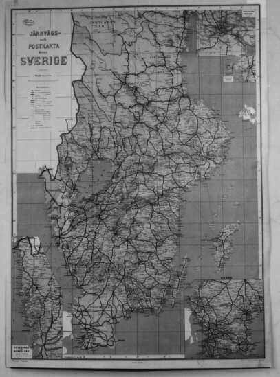 Järnvägs- och Postkarta över Sverige, södra delen, utgiven 1 december 1918. Skala 1:800 000.