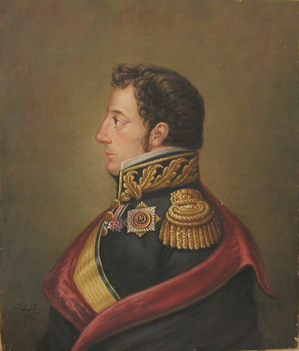 Porträtt av Friherre G A Peyron, överpostdirektör 1837-1844. Målad på duk och fäst på plåt.