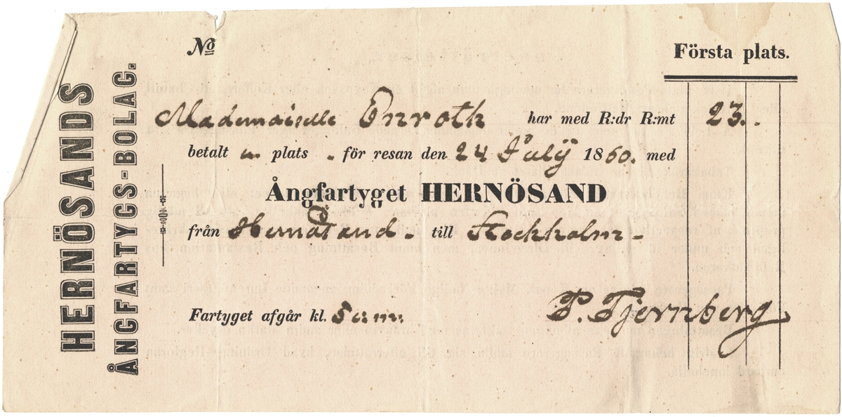 Biljett för resa med Hernösand från Härnösand till Stockholm.