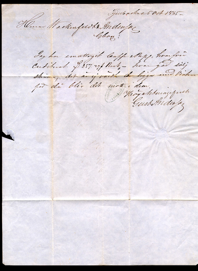Albumblad innehållande 1 monterat brev

Text: Brevomslag från Fjellbacka den 5 oktober 1865 till Göteborg,
frankerat med 12 öre Vapen.

Stämpeltyp: Normalstämpel 10, typ 2
