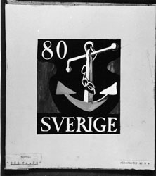 Ej realiserade förslag till nya frimärkstyper 1951. Konstnär: Lars Norrman. Motto: "Hög valör". 6.a. Variant av 6. 
Valör 80 öre.