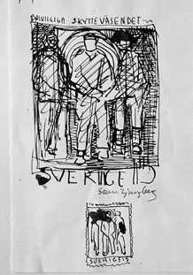 Frimärksförlaga - skiss - till frimärket Frivilliga Skytteväsendets 100-årsjubileum, utgivet 30/6 1960, av konstnär Sven Ljungberg. (I Postmusei samlingar).