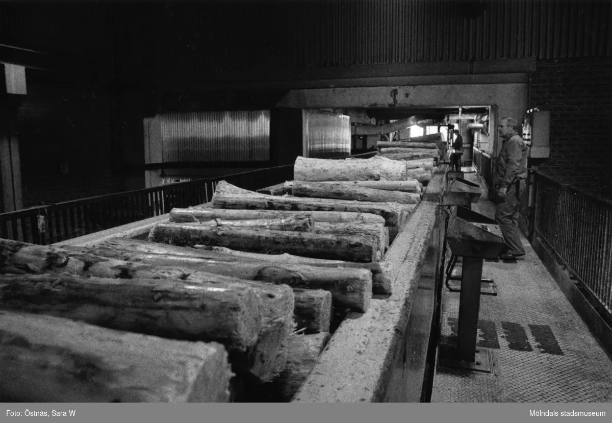 Esko Kiviniemi övervakar massavedstransport på "Nya" sliperit,  pappersbruket Papyrus i Mölndal, år 1990.

"Nya" sliperit ändrade tungt manuellt arbete till automatisering transportbandet försåg slipstolarna med virke som skulle bli pappersmassa.