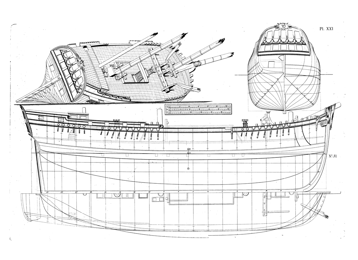 Barkskepp. Profil-, spant- och linjeritning samt trekvartsvy av fartyget krängt på styrbords sida.