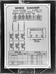 Avfotografert skilt  for transformator Siemens Shuckert. .