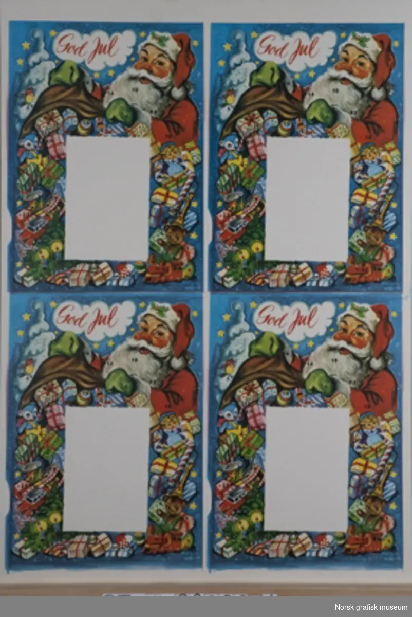 Originaltrykkark til adventskalende, her forsiden med tegning av en julenisse og masse gaver, med tall (datoer) spredt utover. Hvitt felt midt i arket (uviss funksjon).