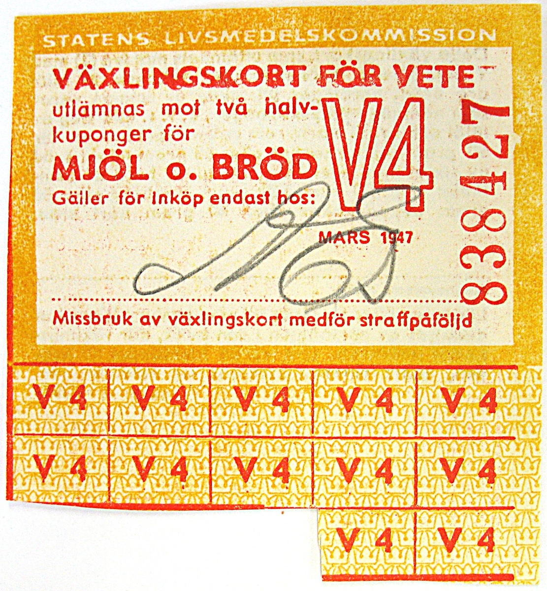 Ransoneringskort, växlingskort för mjöl och bröd. Tiden för användning var  under mars 1947.


Kortet har tillhört Karin Bohlin, mamma till givaren.