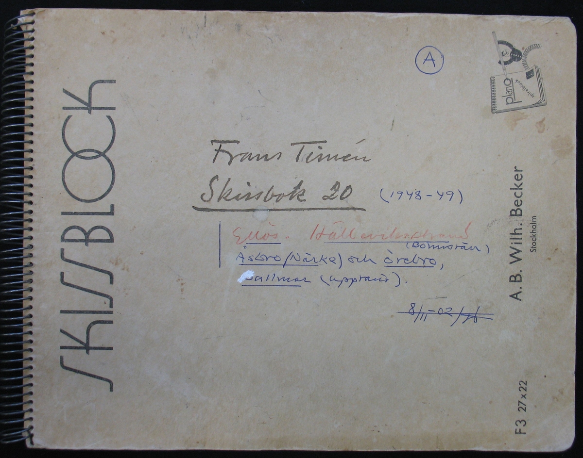 Frans Timéns skissbok åren 1948-49 med skisser från bland annat Ellös, Helleviksstrand och trakterna kring Örebro.