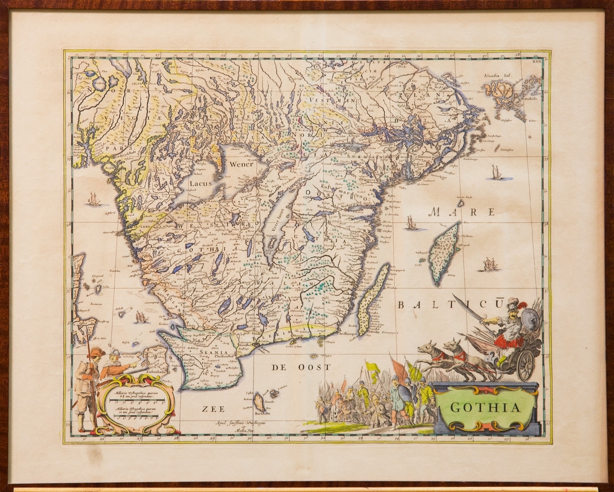 Karta över Götaland av holländske kartografen Johannes Blaeus visande gränserna före freden i Roskilde 1658. 



Kartan är ett 1800-talstryck av original från ca 1650-tal. Kartan utgavs även i en version med tryckt dedikation till fältmarskalk Lennart Torstensson.