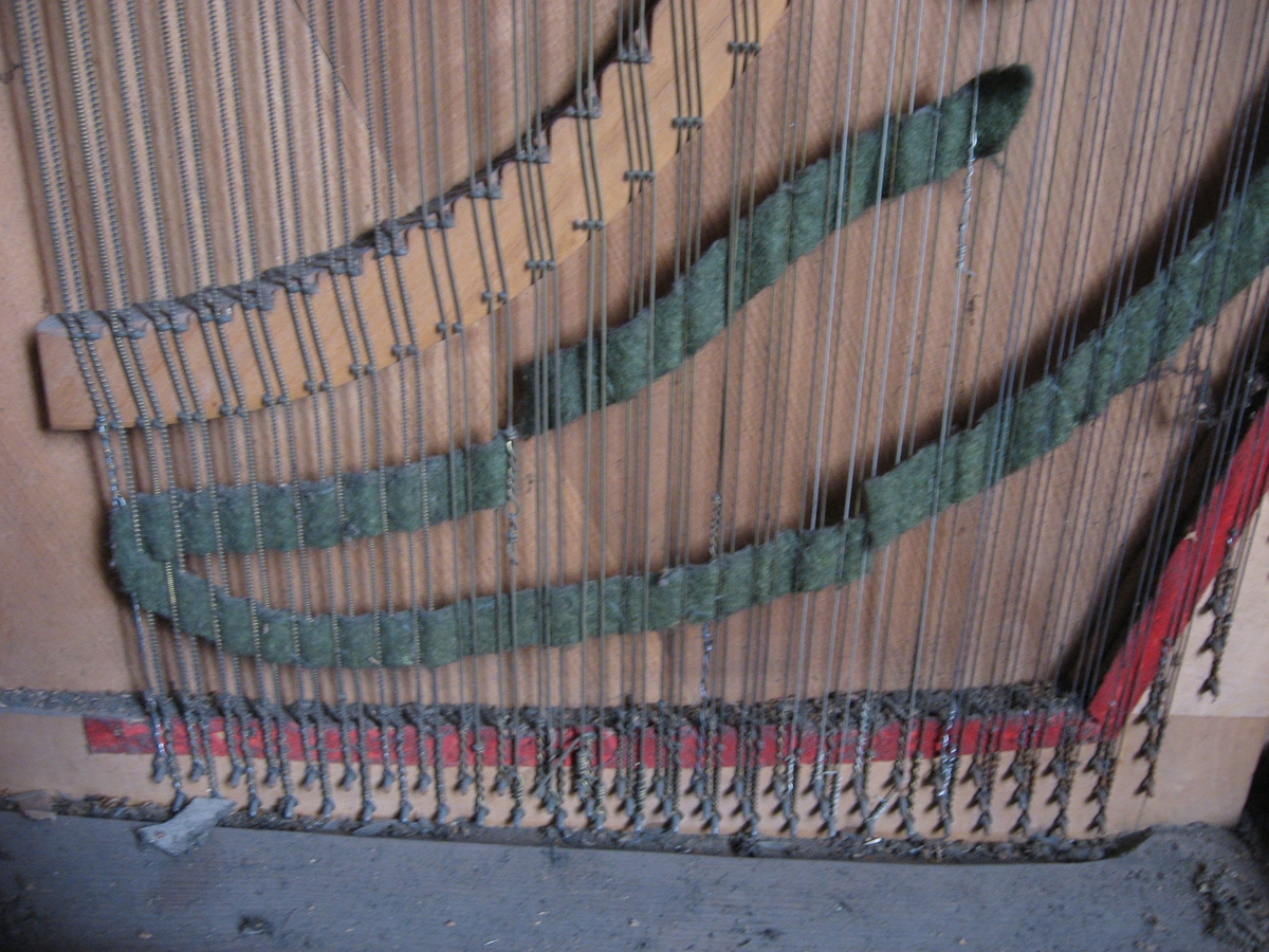 Piano, oppretstaaende. Omfang CC - f''''.  To pedaler: Fortepedal som løfter demperne og venstre una-corda som skyver mekanikk og klaviatur til høyre der det er en stoppknast. Hvis knasten er nede klinger 2 strenger, er den oppe klinger en streng. Kasse av mahogni med belistninger av messing, samt indlagte spalter av lysere ved. Øvre del har et forspeil dækket med grøn silke, foldet i radiære straaler, hvis centrum er dækket av en messingblomst. Under laaket sees lithografert paa papir fabrikmerket: And.s Meyer. Fortepiano. Fabrikant. Hamburg. Under det fremspringende klaviaturet er to dreide ben med messingtrinser. (Har oprindelig tilhørt Hans Blom, Christopher Bloms far. Oplyst 1931 av frk. Ellen Ulrikke Hofgaard, Skien).