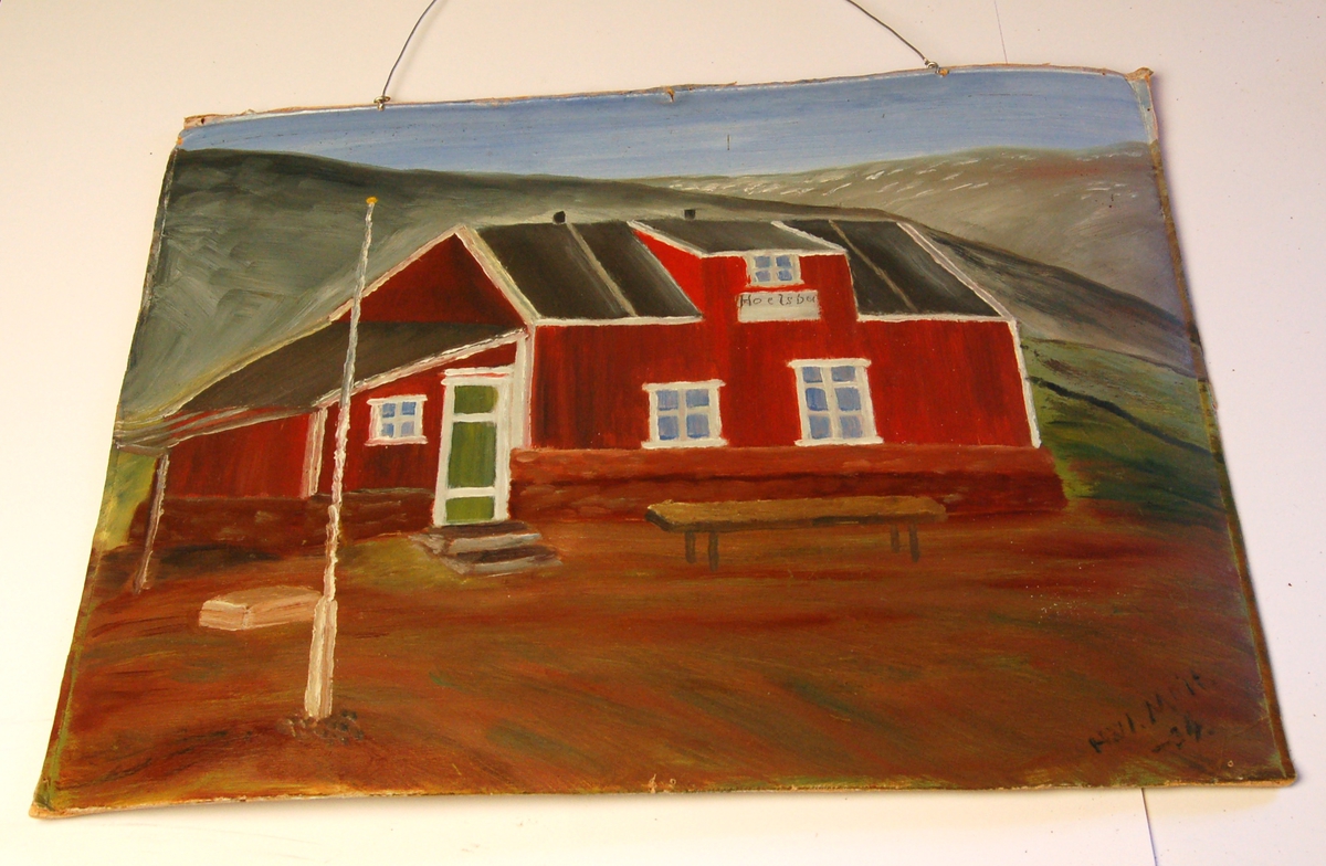 Hytten "Hoelsbu" med omkringliggende landskap, beliggende i Moskusoksefjorden på Nordaust-Grønland.