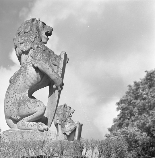 Två lejon med sköldar (utan text/mönster) huggna i charnockit pryder framsidan på Morlanda Säteri