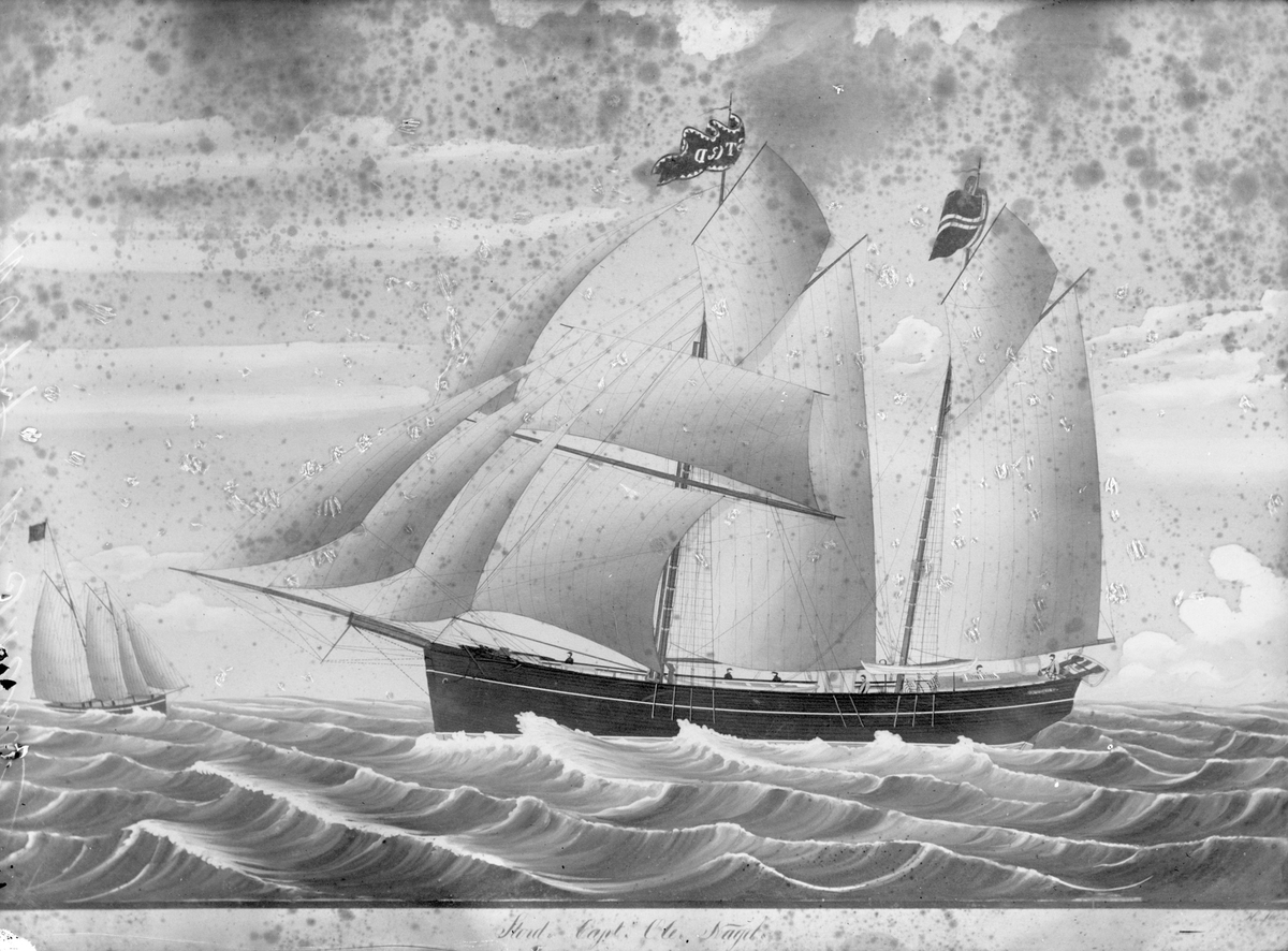 Avfotografert maleri av galeasen "Stord" i åpent farvann. Bak til høyre seiler et annet seilskip.