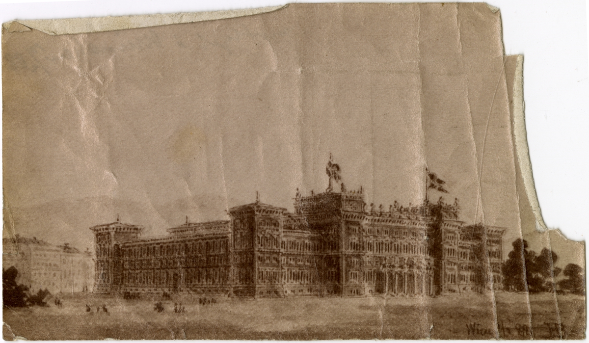 Visittkort med portrett av Hilma Bing. På baksiden står det skrevet "Tusind Tak! Hilsen fra".  Kortet ligger i en konvolutt med påskriften "Hr Albert Larsen i Christiania" og "Mai 1880" på forsiden. Vedlagt ligger også et bilde av en bygning fra Wien. På baksiden står det skrevet "Mottaget i  München 10/2 88". Fra gjørtlerfirmaet C. P. Larsens arkiv.