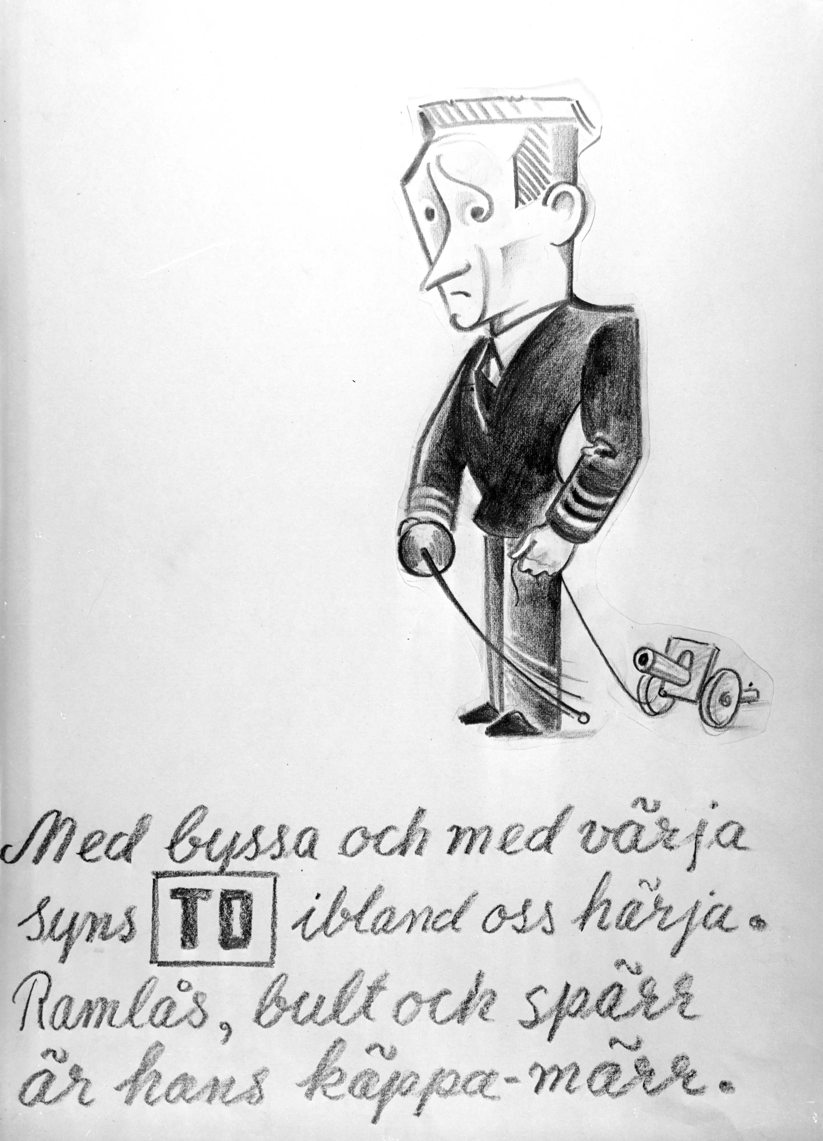 Karikatyrbild av militär ur flygvapnet, 1930-tal. Märkt 'TO ...