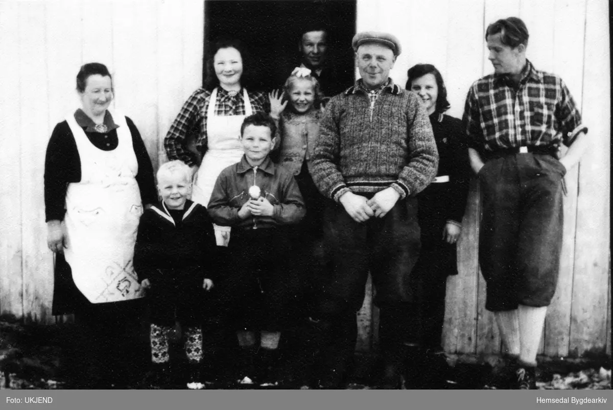 Fremst frå venstre: Anne Jordheim, Alf Jordheim, Per Jordheim og Ola Jordheim, ca. 1949 på garden Jordheim, 64.1.
Dei andre er truleg turistar
,