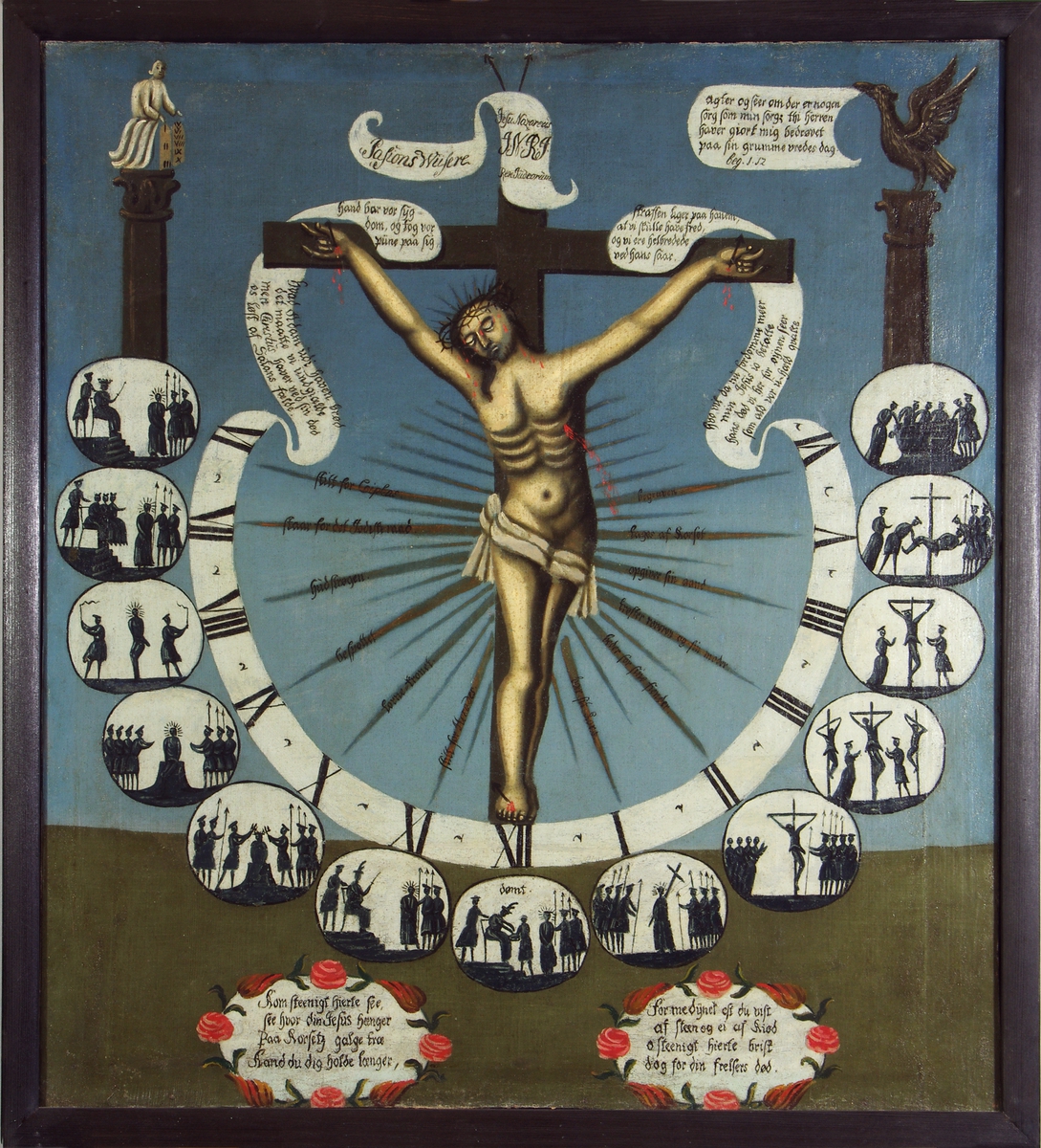 Pasjonsviser. Maleriet viser Kristus på korset omgitt av visere med klokkeslettene 6 om morgenen til kl seks om kvelden i form av romertall og små bilder som illustrerer lidelseshistorien time for time.