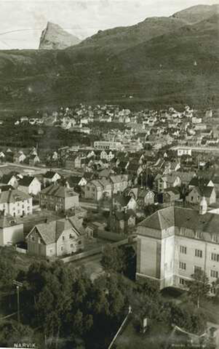 Villaveien skole. Til venstre: "Komunegårdene"Frydenlund
Taket i forgrunnen er Narvik Epedemilasarett.


