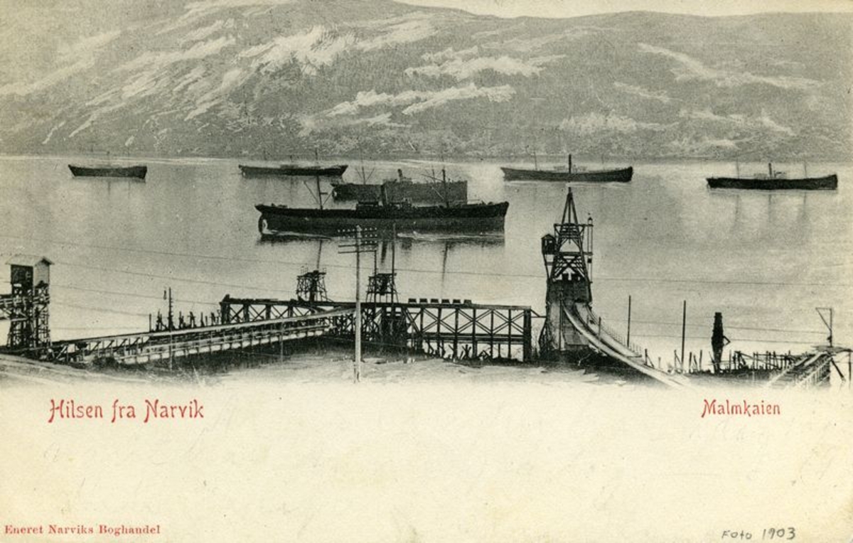 Narvik, Narvik Havn, LKABs kullkai med Stolheisen lengst til v. og Storheisen til h. Malmskip.