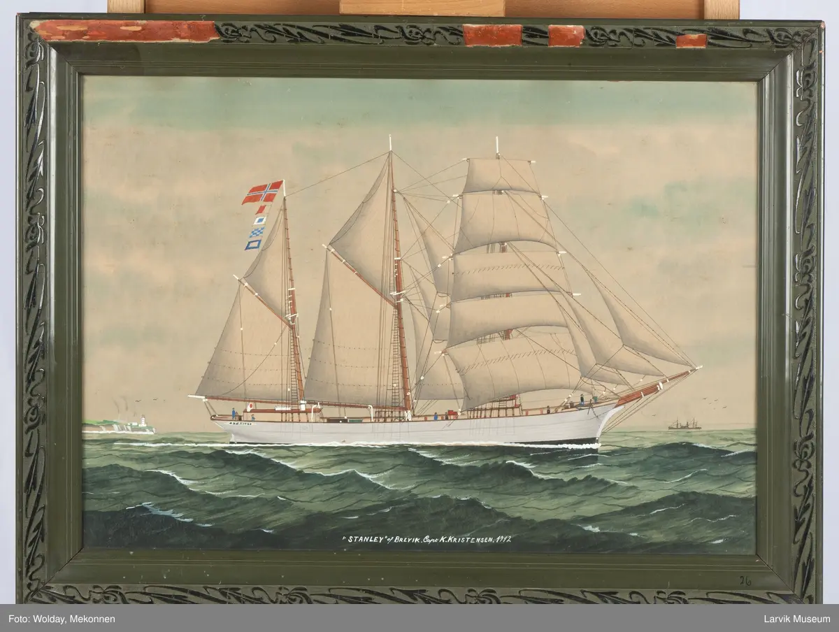 STANLEY
Nasjon: Norsk
Type: Bark
Byggeår: 1879
Byggested: Holmen, Risør, Norge
Verft: B. Tellefsen
Ombygging: Forandret til skonnertskip
Endelig skjebne: W. Hartlepool - Sandefjord. Koks, kull. Lekk. Forlatt 1916 23/12 i Nordsjøen.