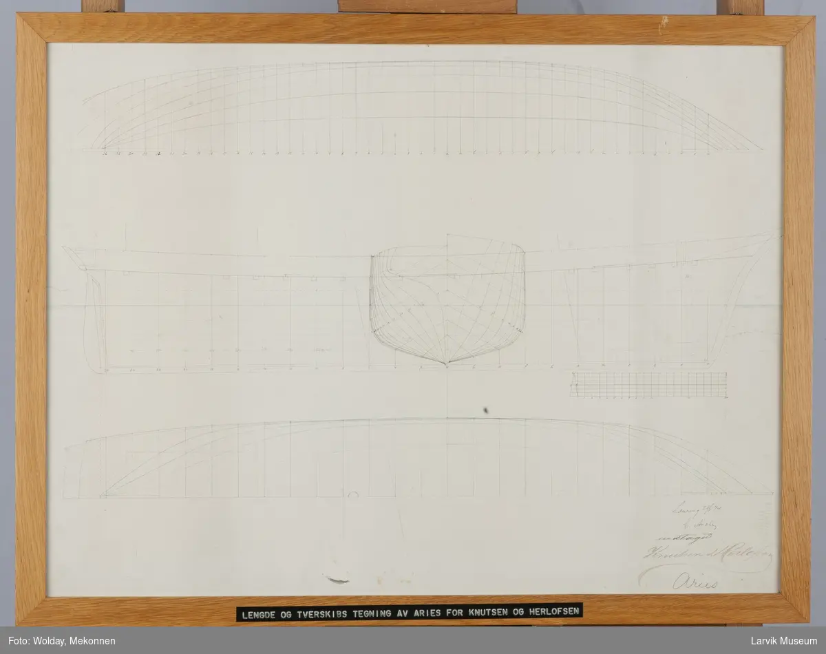 Lengde- og tverrskipstegning av Aries båt for Knudsen og Herlofsen. Signert Colin Archer 28.01.1874
