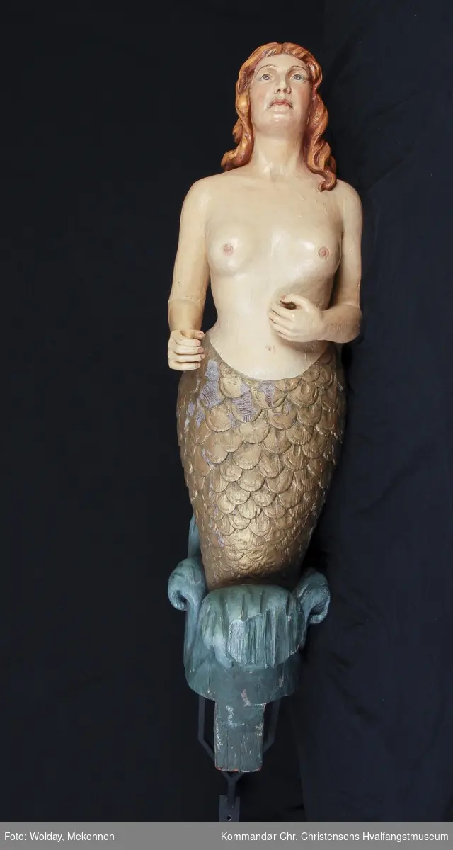 Havfrue. Kvinnefigur med bar overkropp, fiskehale (delvis synlig).
