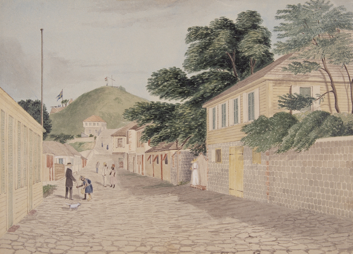 Akvarell med gatumotiv från Gustavia, Saint-Barthélemy, troligen utförd av Edward Archibald Middleship (1825–1864)