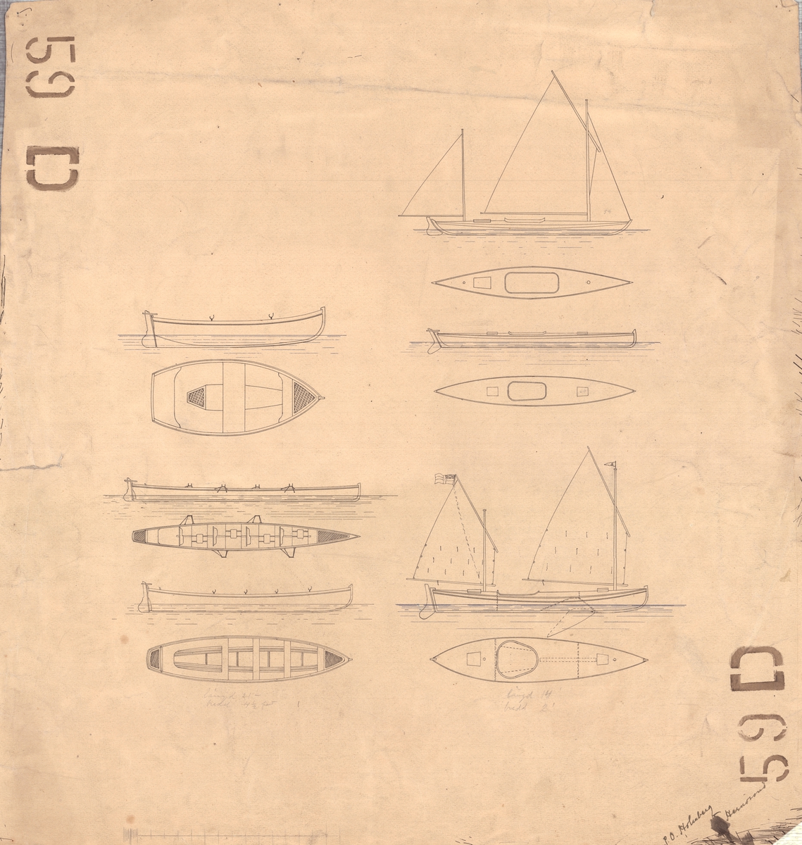 Ritning till olika båttyper avbildade på samma papper. Roddbåt med två årpar, roddbåt med fyra årpar, två olika slags tvåmastade segelkanoter samt en enkelårsbåt (fyra).
Plan och profilritningar