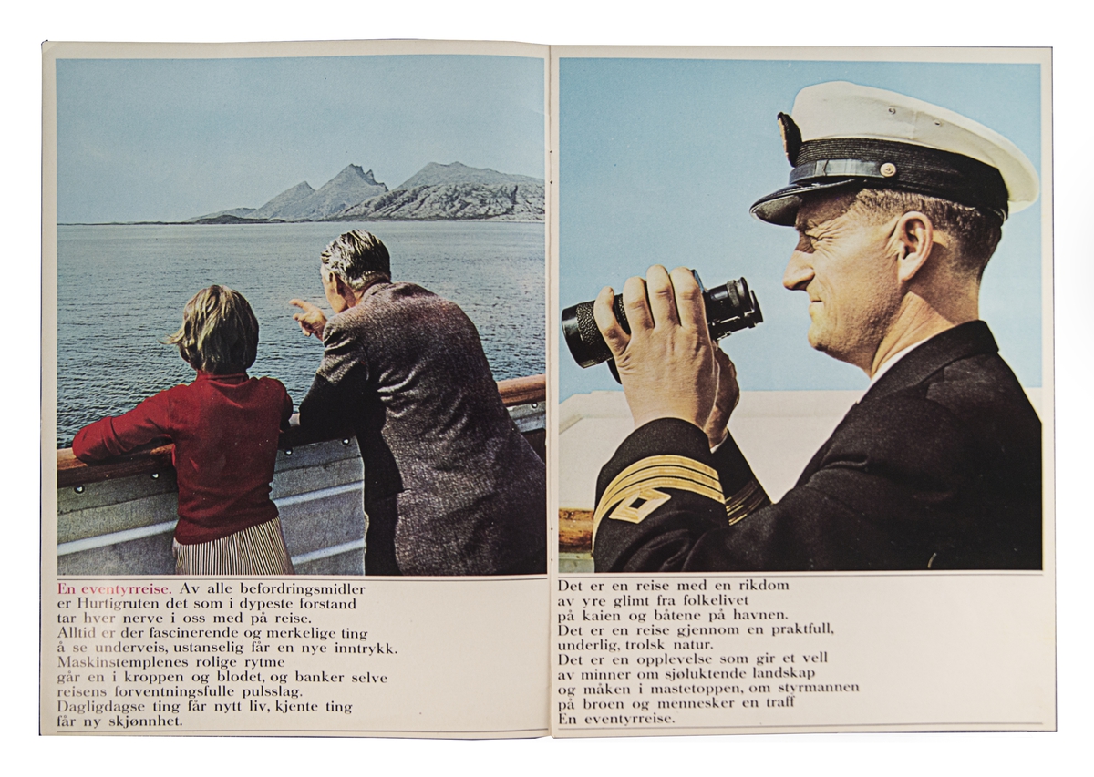 8- siders stiftet hefte som omhandler reiser med Hurtigruta satt i et historsk perspektiv.