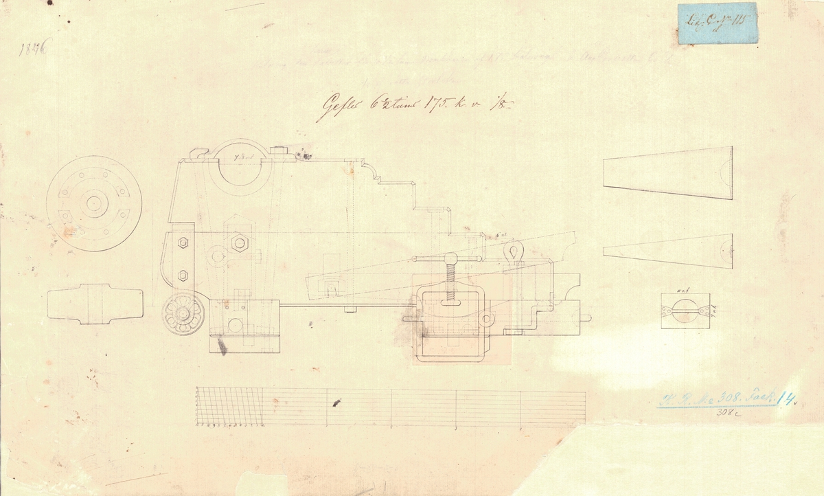3 st ritningar visande kursörlavetter till 6Â½tums bombkanoner av 175 kg vikt för ångkorvetten Gefle