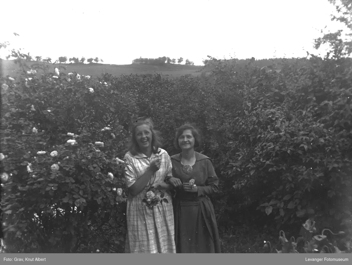 Gruppebilde, to kvinner ved rosebusk