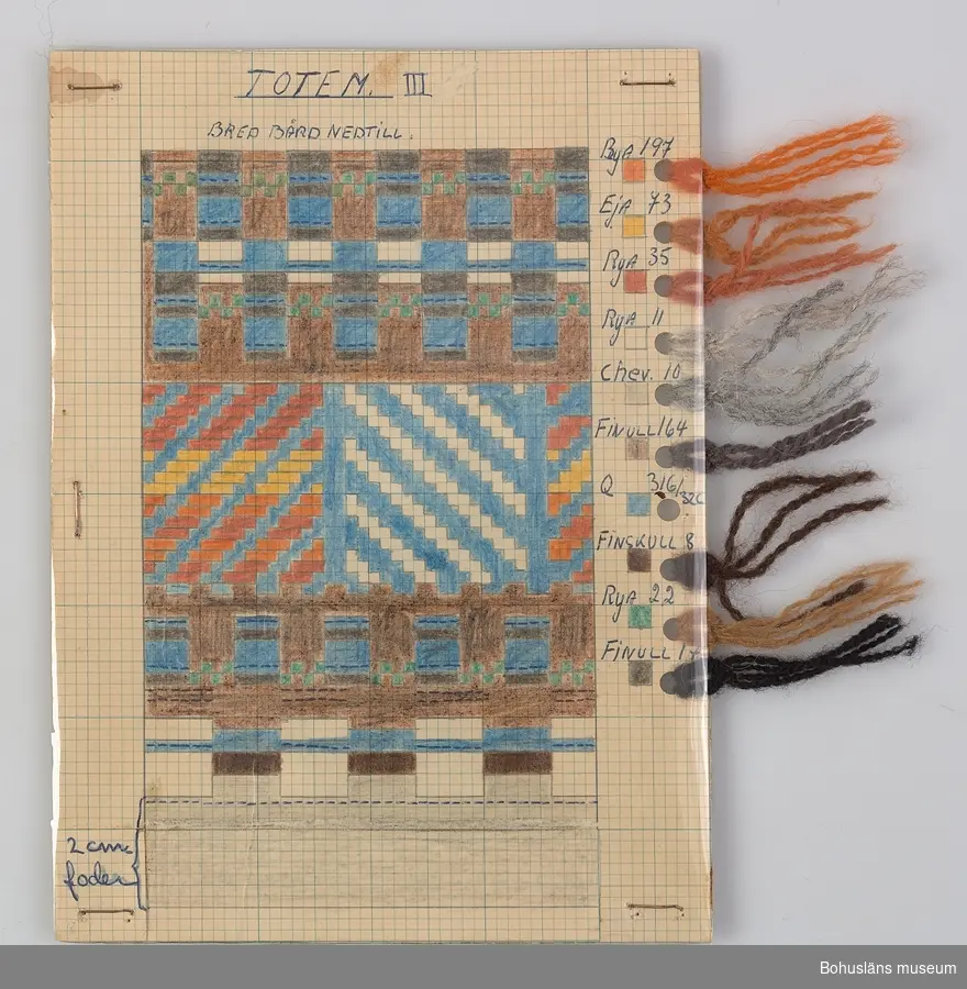 kvadratisk handtillverkad mönsterritning för mönstret "Totem III" av Ulla Eson Bodin 1959. Mönstret är uppritat i bläck och färglagd med pastell- eller vaxkrita på blårutat millimeterpapper, uppklistrat på linneväv och därefter pappkartong. Mönstret skyddas av ett  styvt plastskikt fästat med häftklamrar. Utmed högersidan hål gjorda med hålslag med mönstrets olika garner fästade med uppgift om kvalitet/sort och färgnummer. Stämplat BOHUS STICKNING på baksidan.